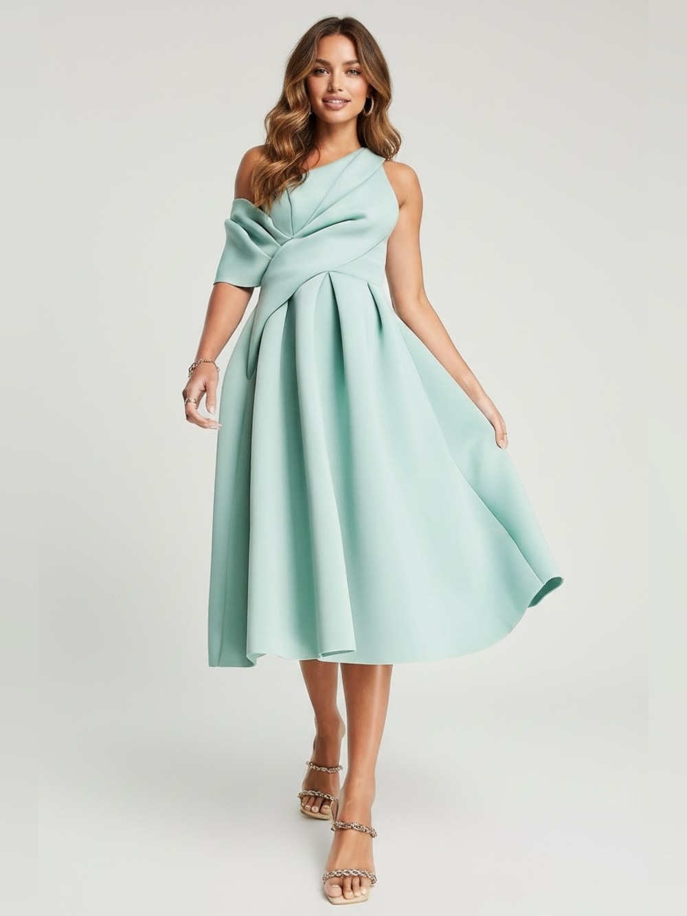 ASOS Design One Shoulder Neoprene Sage Green Cocktail Midi Dress Sz 2 Tall NWT